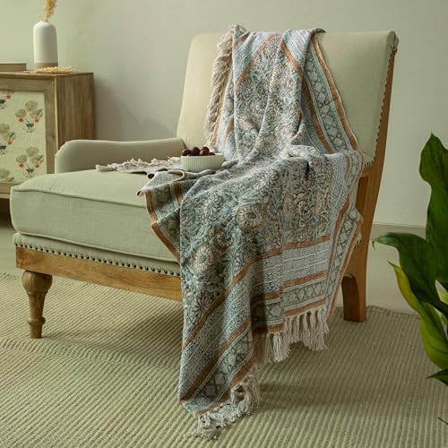 100% Pure Cotton Handblock Printed Throw Blanket, Soft 50" x 60" Fringed Floral Print Throw for Couch, Sofa, Chair, Bed - Cozy, Machine Washable, Comfortable Home Decor