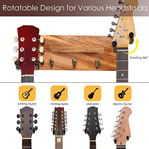 Guitar Holder Wall Mount with Double Rotatable Rubber Hook, Solid Wood Guitar Hanger with Shelf and Pick Holder, Guitar Hanging Rack for Acoustic Electric Guitar, Bass, Banjo, Guitar Accessories