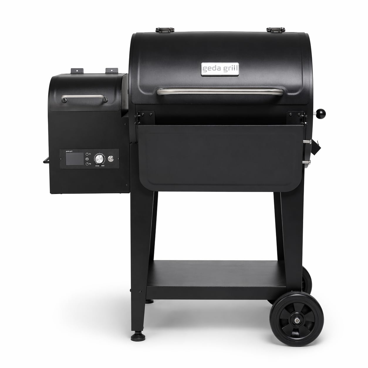 GEDA Grill Pelletsmoker 'Odin' 80°C - 265°C, Pelletgrill mit Direkt Feuer, Räucherofen inkl. Fleischsonde, ausklappbare Ablage, Smoker elektrisch ('ODIN 65', Controller Plus mit Wlan + Abdeckhaube)