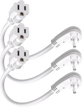 Short Flat Plug Extension Cord 1 Foot 14AWG/3C SJTW Heavy Duty Flexible Extension Cable 45 Degree Flat 3 Plug for Indoor Home Appliance and Large Office Equipment3 PCS White
