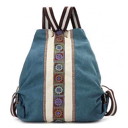 Goodhan Women Canvas Backpack Daypack Casual Shoulder Bag, Vintage Heavy-duty Anti-theft Travel Backpack, Green Blue, One Size, Soft