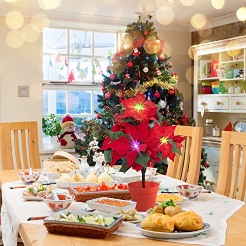 JETEHO Lighted Poinsettia Flowers Artificial Poinsettias Plants in Pot Silk Fake Poinsettias Arrangements Indoor Outdoor Christmas Poinsettia Flowers Decoration Xmas Gift