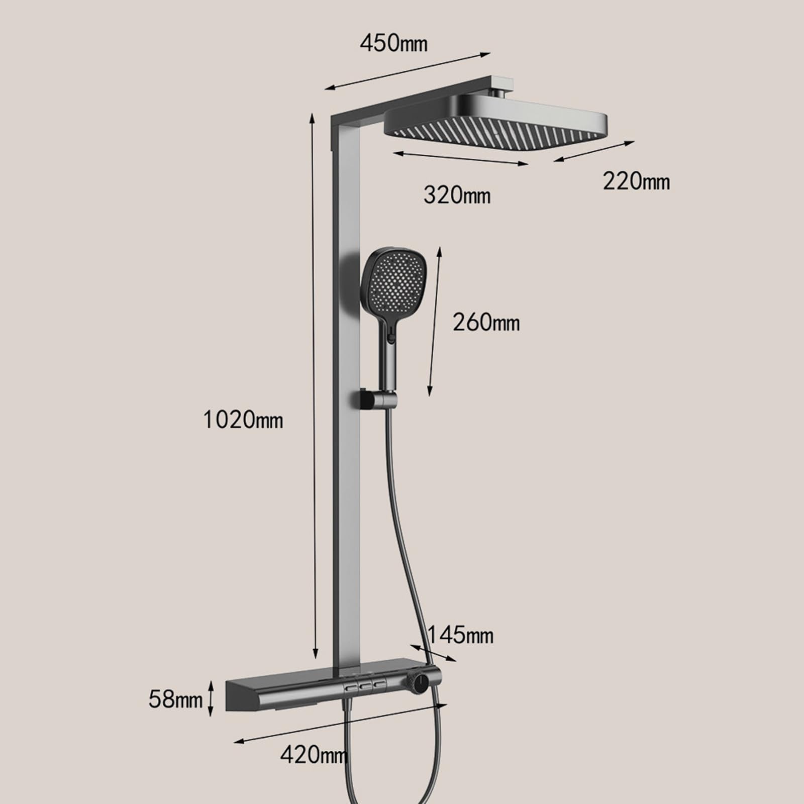 Set di soffione doccia quadrato di alta qualità con tubo flessibile da 3 m regolabile per vasca da bagno calda e fredda in ottone con finitura grigia per un'esperienza di bagno simile a una spa
