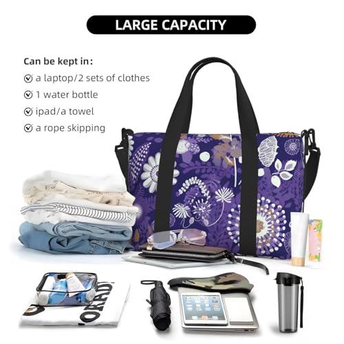 White Flowers Duffle Bag for Men Women Gym Bag with Shoes Compartment Travel Bags Lightweight Overnight Bags4