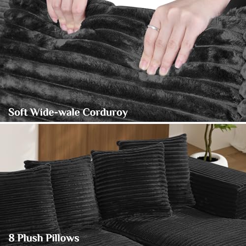 Image of 131 inch Oversized U Shaped Cloud Sectional Couches for Living Room, Comfy Fluffy Corduroy Black Boneless Sectionals Couch, Plush Memory Foam Modular Sectional Sofa with Chaise- 19 inch Seat Height