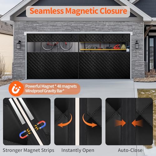 Thermal Insulated Garage Door Curtain with Clear Window, 16ft x 7ft Winter Door Cover for 2 Car Garage Heat Insulation with Thicken Polyester Fiberfill & Durable Oxford Fabric, Waterproof