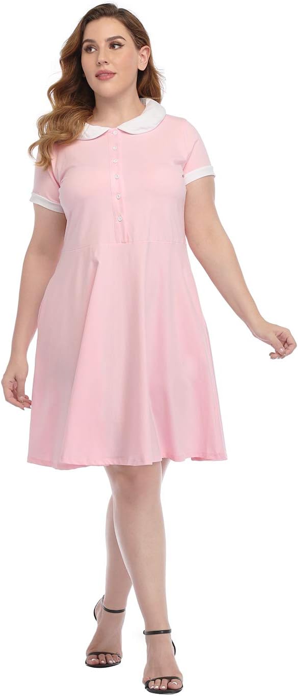HDE Womens Plus Size Peter Pan Collar Dress Short Sleeve Fit and Flare A Line Collared Casual Skater Dress Knee Length