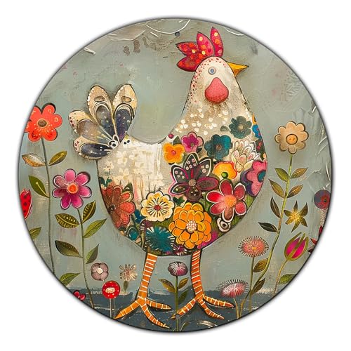 KLHSOF Chicken And Flower Metal Sign Vintage Tin Sign Round Sign...