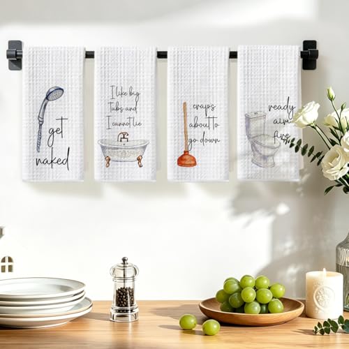 Image of Hanamiya Na 4 Pcs Funny Bathroom Hand Towel 24x14 Inch, Funny Guest Absorbent Microfiber Dish Cloth Towel, Waffle Weave Hand Towels for Toilet Home Bathroom Decor, Amusing Housewarming Gift
