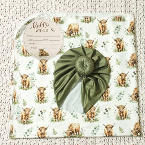 Image of Ylsteed Baby Highland Cow Swaddle Blanket and Headband Set, Newborn Receiving Blanket Swaddle Wrap for Girls and Boys, Swaddling Blankets Neutral for Newborn 32 * 32 in