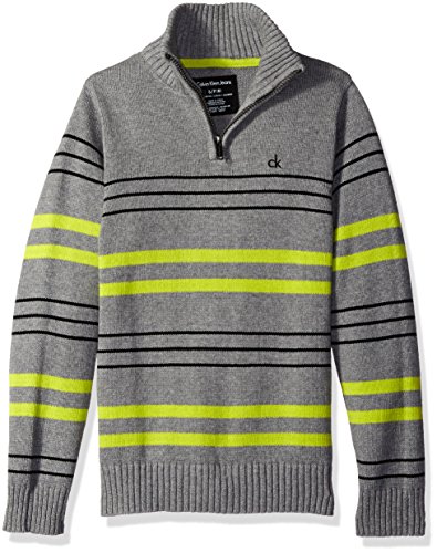 Calvin Klein Boys' Half Zip Sweater, Medium Gray Heather/Black/Green 4025, 8