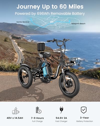 Image of MOONCOOL Electric Tricycle for Adults, 20 inch x 4 inch Fat Tire Electric Trike, 48V 500W 3 Wheel Electric Bike, 7 Speed E Trikes for Adults with Removable Battery, Aluminum Frame & Large Basket