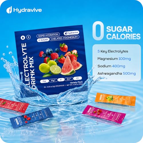 Image of Daily Hydration Electrolyte Powder Sugar Free -Variety 18 Packs | Liquid Daily IV Drink Mix | 1,000mg Total of 5 Electrolytes | 5 Vitamins | Ashwagandha, L-Theanine | Non-GMO| 0 Calorie