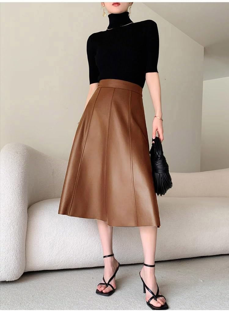 utcoco Womens Casual Long Leather Skirt High Waist A-Line Swing Midi-Length Faux Leather Skirts