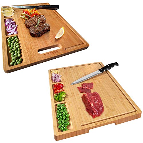 2pcs Large Organic Bamboo Cutting Board For Kitchen, With 3 Built-In Compartments And Juice Grooves, Heavy Duty Chopping Board For Meats Bread Fruits, Butcher Block, Carving Board, BPA Free