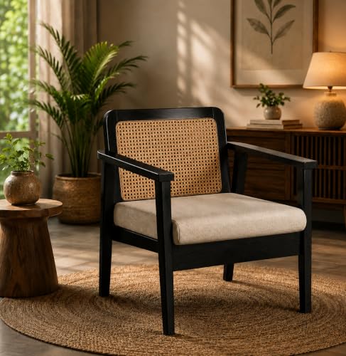 Image of LSGF Mangz Wooden Lounge Chair with Rattan Cane Back | Solid Wood Accent Chair with Cushion | Mid Century Modern Armchair for Living Room, Bedroom & Office (Black)