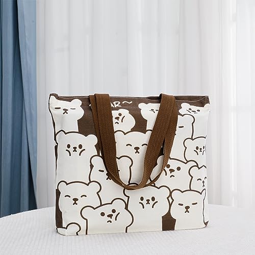Firtink Tote Bag With Zip Canvas Reusable Shopping Tote Bag With Pocket Washable Foldable Cute Bear Design For Women Girls - Image 4