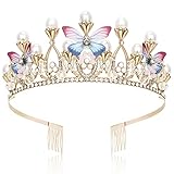 Makone Girls Tiara Butterfly Princess Crown with Comb Gold Pearl Headband Rhinestone Hair Accessories for Halloween Birthday Wedding Bridal Prom Christmas Gifts