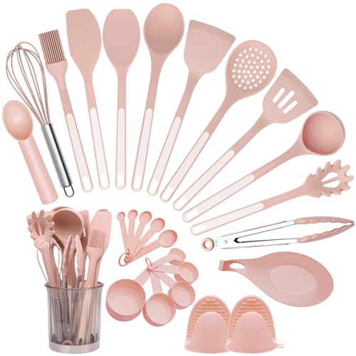BBN Silicone Cooking Utensils Set, 26Pcs Non-Stick Silicone Cooking Utensils Spatula Set with Holder, Heat Resistance Silicone Kitchen Gadgets Utensils Set (Pink)