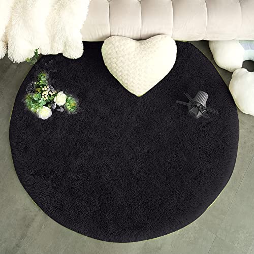 VanderHOME Teppiche Runde Weich Langflor Modern Teppiche, Flauschig Wohnzimmerteppich Langflor Pflegeleicht Teppich Rund fürs Wohnzimmer Schlafzimmer Teppiche Schwarz - 100 cm Rund Cover