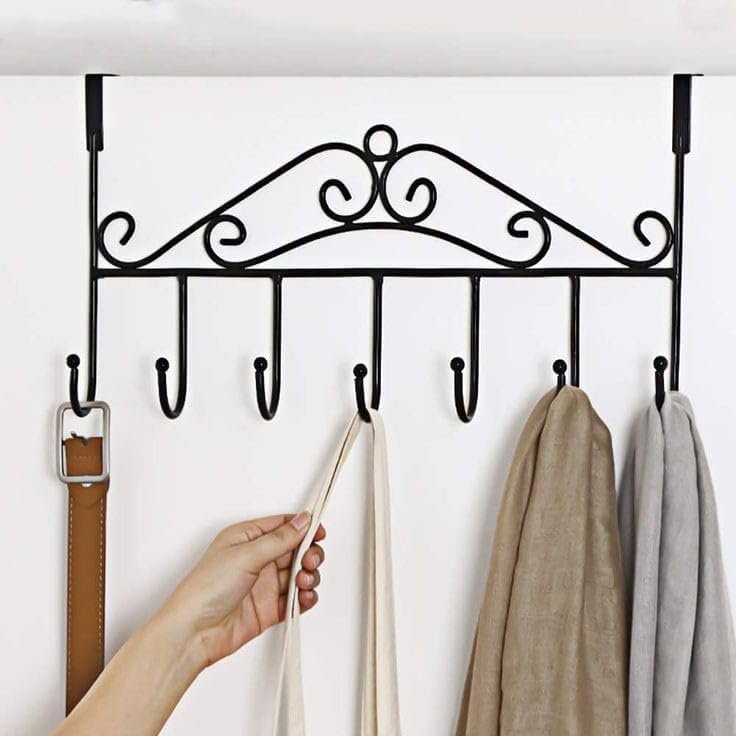 TWEENY ENTERPRISES Over Door Hook Rack, 7 Heavy Duty Hooks, Decorative Metal Hanger for Clothes and Towels, Black-image-6