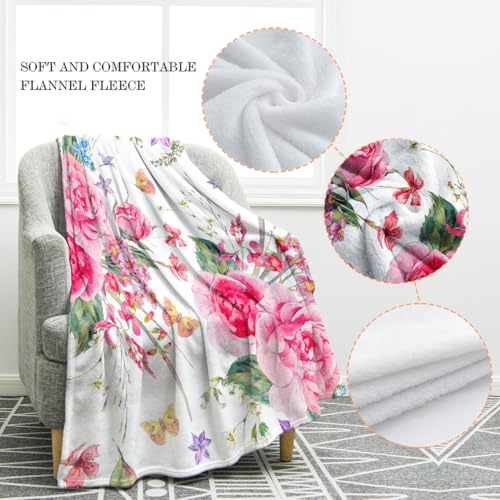 Jekeno Pink Flowers Floral Blanket Birthday Christmas for Women Kids Girls Mom Wife Daughter Sisters Home Bedroom Spring Butterfly Decor Mother's Day Plush Throw Blankets 50"x60"