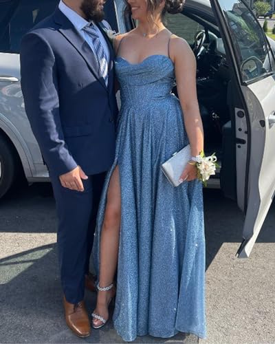 Glitter Satin Prom Dresses Sparkly Formal Ball Gown Spaghetti Strap Evening Dress with Slit4