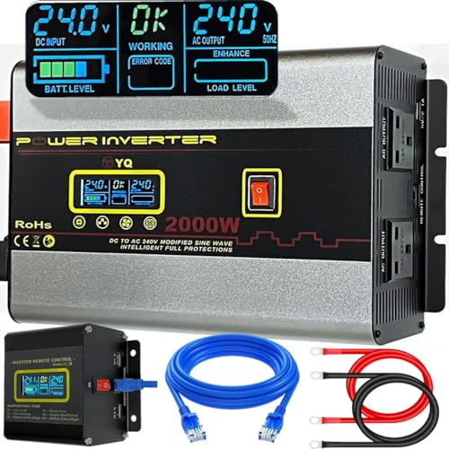 YQ Power Inverter 2000W/4000W(Peak) DC 24V to AC 240V Converter USB LCD Remote Control for Truck Lorry Coach Microwave