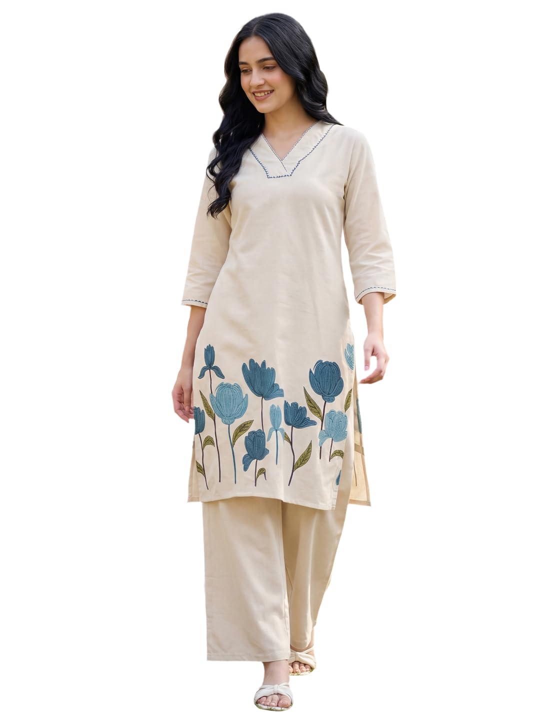 indo era Women's Floral Print Straight Pure Cotton Kurta & Palazzo Set-picture-40