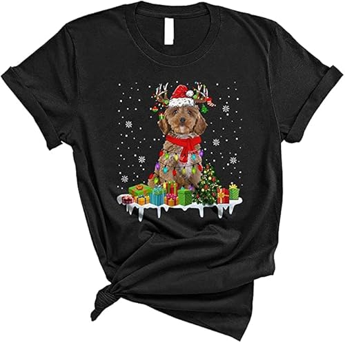 ATTAR APPAREL Santa Reindeer Cockapoo Funny Christmas Lights Xmas Santa Reindeer Dog Lover Gifts Unisex T-Shirt Black L