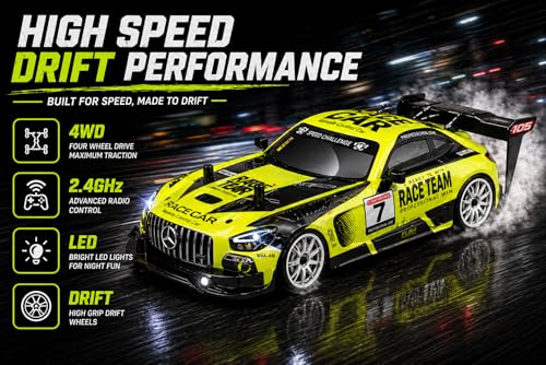 Image of 1:16 or 1 16 RC Drift Car, 2.4GHz Remote Control Racing Car, 4WD High Speed with LED Lights, Proportional Throttle, Extra Drift Wheels for Kids (Neon Green & Black)