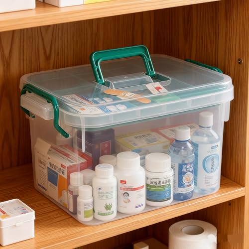 Image of Xyskin Clear Medicine Organizer Storage Box with Tray, Plastic First Aid Box Empty, Thickened Medicine Container Chest, Multipurpose Medical Case Caddy with Lids Handles