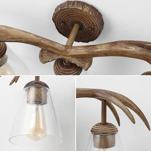 Image of JONATHAN Y 25.5 inch Brown Wood Finish 3-Light Resin Faux Antler LED Vanity Light, Southwestern Bohemian Wall Sconce with Seeded Glass Shades, UL Listed, LED Bulbs Included JYL6309A