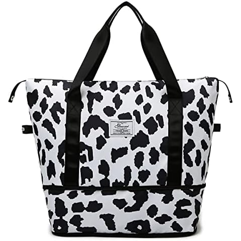 Ecohaso Weekend Bag for Women, 36L Large Travel Duffel Bag Dry & Wet Seperated Overnight Bag Waterproof Holdall Bags Gym Bag Foldable Carry On Bag Hospital Sports Bag with Shoe Pouch (Cow Pattern) Cover