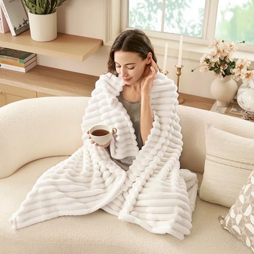 Joiedomi White Throw Blanket for Couch, Soft Fleece Blankets Birthday Gifts for Women Mom Girls, 3D Ribbed Jacquard and 280GSM Cozy Cute Soft Throw Home Room Decor Aesthetic Gifts 50x60 Inches