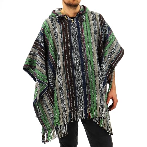 LOUDelephant 100% Woven Gheri Cotton Mexican Style Hooded Poncho Unisex One Size For Men Women Lounging Warm Cold Water Robe Cover Change Green, Brown & Navy