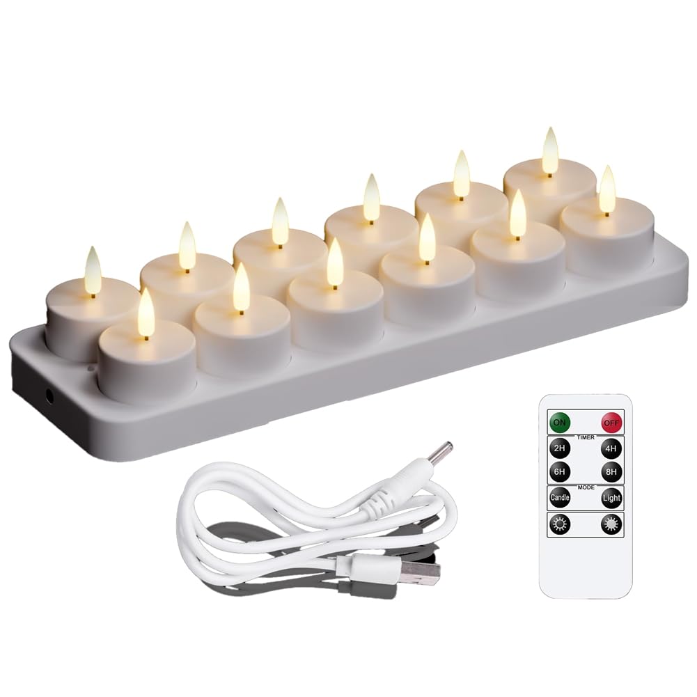 CTRLZS Rechargeable Tea Lights Candles, 12 Pcs Rechargeable Candles with Remote Charging Base, LED Flameless Candles