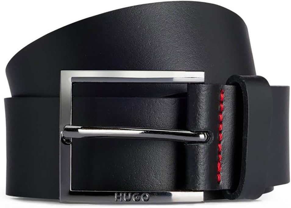 HUGO Men's Geek Sz35 Leather Belt with Red Stitching and Logo Clasp