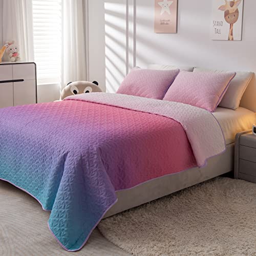 Suchdeco Twin Quilt Bedding Sets For Girls Gradient Blue Pink Comforter Heart-Shaped Quilted Bedspread With Pillowcase For Teen Girl Woman #TOP3