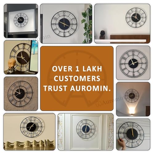 Image of Auromin Silent Metal Wall Clock for Living Room Stylish | Luxury Premium Fancy Antique Unique Metal Wall Watch for Hall Big Size, Kitchen, Office | Drawing Room Decoration Items