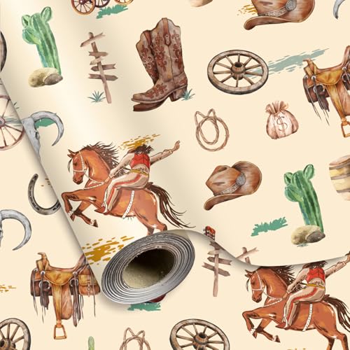 Papier cadeau western cowboy beige 43cm rouleau pour emballage anniversaire