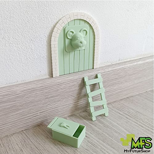 Miniatura 2 de Myfuturshop Ratoncito Pérez Puerta, Caja Para El Diente, Escalera, 4 Certificados De Diente Limpio. Regalo Original Para Niño Y Niña. Verde Menta