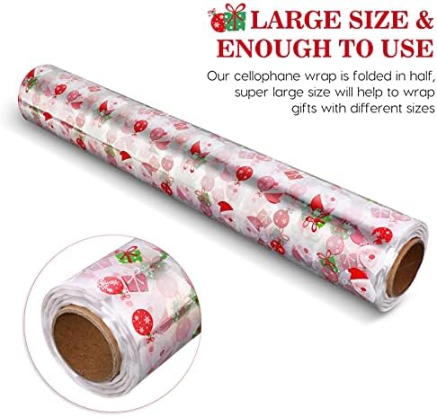 Toyvian Clear Cellophane Wrap Roll: Width 31.5 Inches Length 98.4 Feet| 3 Mil Thicken Santa Claus Decorated Christmas Cellophane Roll Crystal Wrappings for Hampers Baskets Flower Florist Wrap
