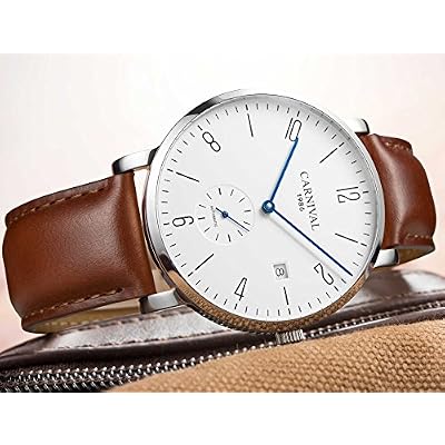 TEINTOP Carnival Automatic Mechanical Men Watch Leather Band Simple Dial White (Brown Calfskin)