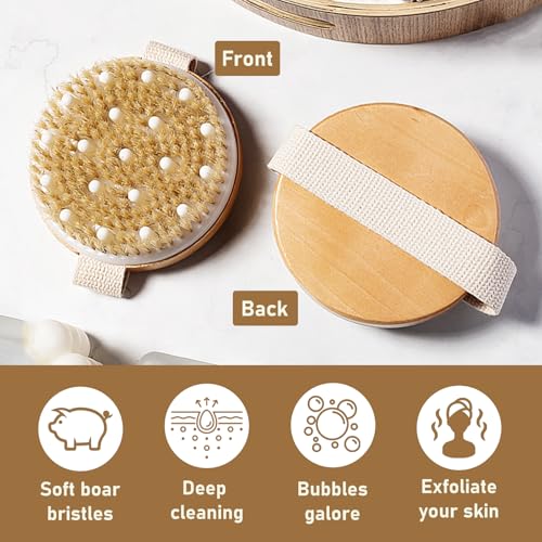 Körperbürste, Trockenbürste, Massagebürste mit Naturborsten zur Förderung der Lymphfunktion und Reduktion von Cellulite, Peeling Körperbürste, Trockenmassage für straffere Haut, 2 in 1 Peelingbürste