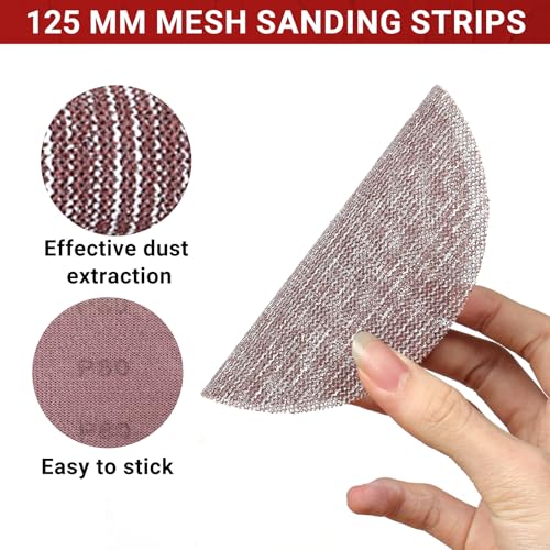 Sruhrak 50 Stück 125mm Schleifgitte Klett, 80/120/180/240/400 Körnung Schleifnetz Effiziente Staubentfernung Schleifpads für Ttrockenbau Wandschleifer