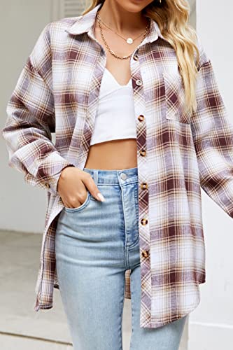 Image of CHYRII Womens Button Down Flannel Shirts Long Sleeve Plaid Shackets Business Casual Blouse Top