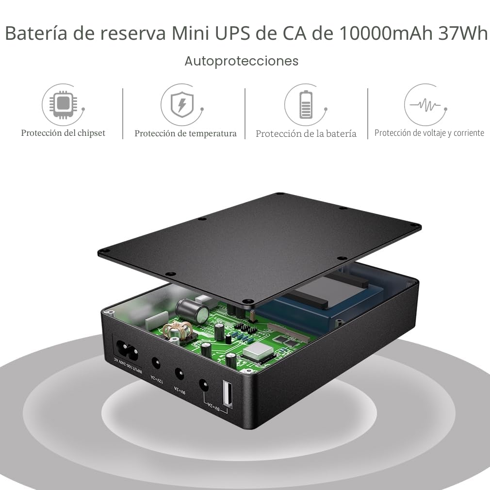 SAI Mini UPS para WiFi, Router, Módem, Cámara de Vigilancia, Entrada AC Salida 5V USB 5V 9V 12V DC 2A (37Wh)