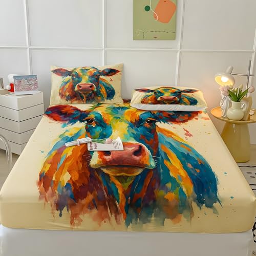 カラフルな牛ボックスシーツ セミダブル動物ベッドカバー柔らかい通気性マイクロファイバー 3点セット防ダニ高反発 吸水 速乾 抗菌 防臭 防ダニと 2 枕カバー43x63 cm着脱簡単 丸洗い可能 マットレスカバー120x200x30 cm