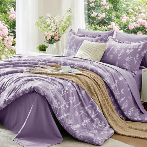 Image of MUXHOMO Grayish Purple Bed in a Bag King 7 Pieces, King Comforter Set Reversible Botanical Flowers Design, Ultra Soft & Breathable Bedding Sets with Comforter, Sheets, Pillowcases & Shams